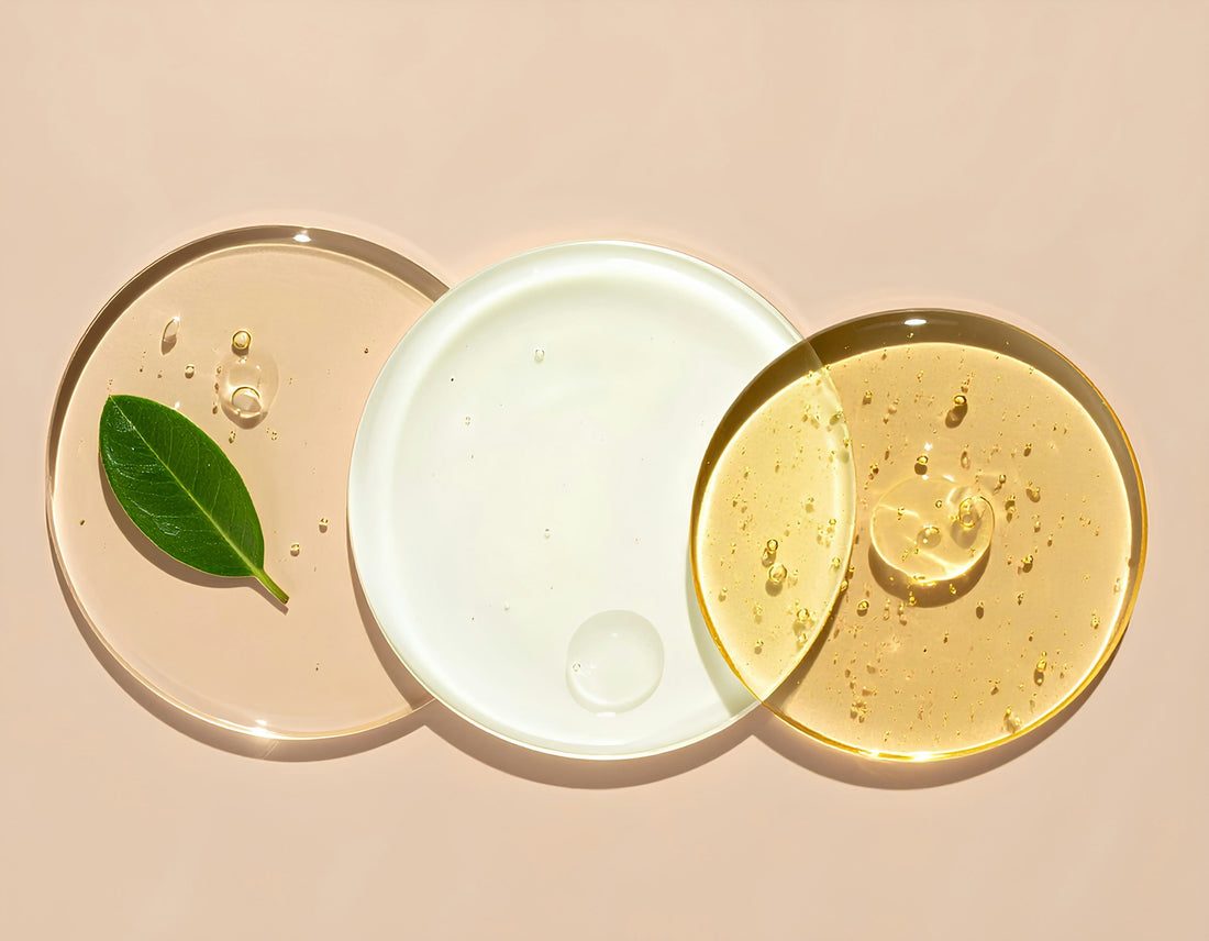 Kosmetiske serum-flasker arrangeret på gennemsigtige, runde plader