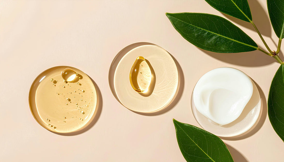 Minimalistisk flatlay af hudplejeprodukter i gel-, creme- og olietekstur på en blød beige baggrund
